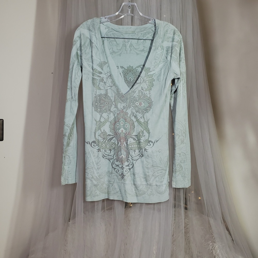 Vintage Y2K Ethereal Green Damask Graphic Top Soft Grunge Tattoo V-Neck Large